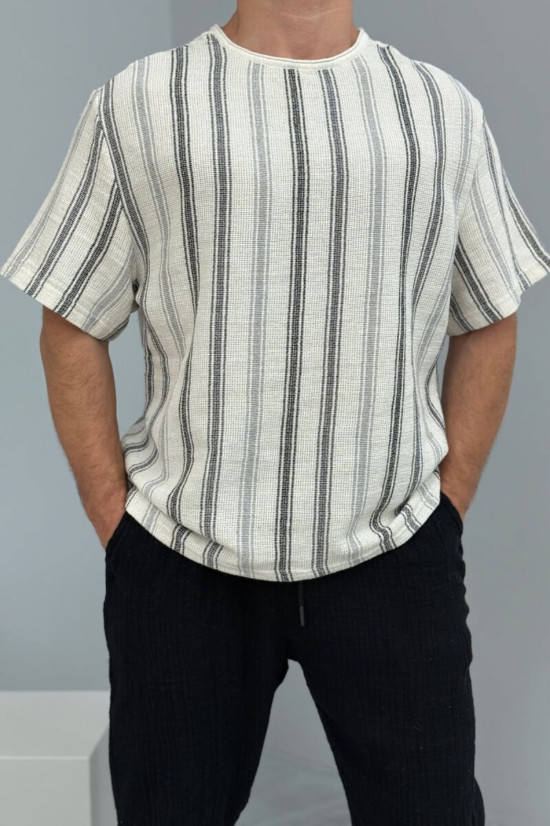 STRIPED DESIGN MEN T-SHIRT BLACK-CREAM/ZEKR - 2
