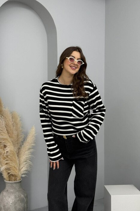 STRIPED DESIGN POCKET DETAIL WOMEN SWEATER BLACK/ E ZEZE - 1