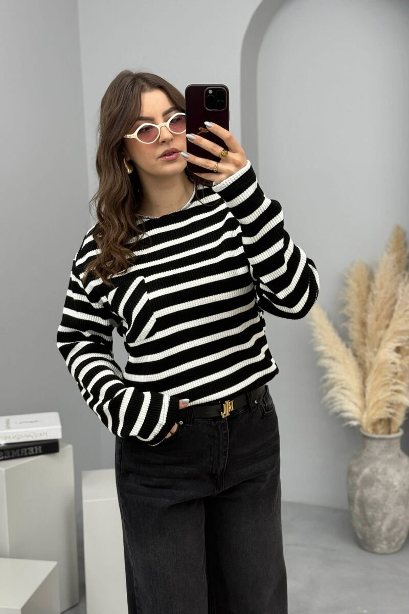 STRIPED DESIGN POCKET DETAIL WOMEN SWEATER BLACK/ E ZEZE - 3