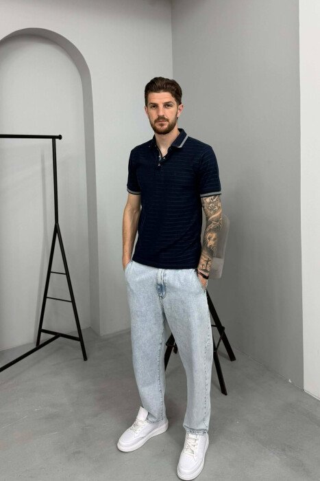 STRIPED DESIGN POLO NECK MEN T-SHIRT BLUE/BLU - 2