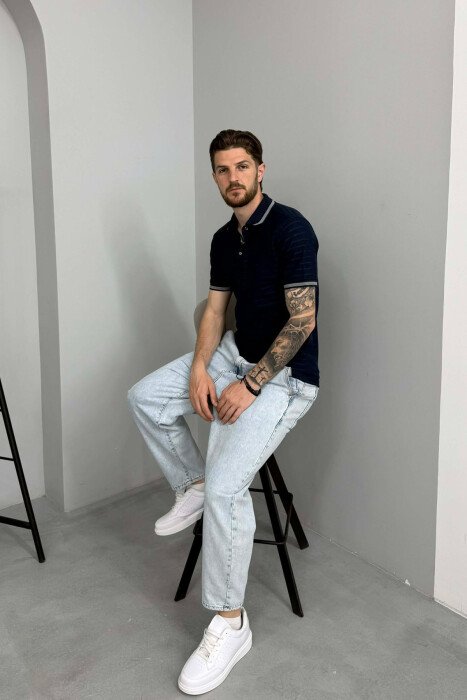 STRIPED DESIGN POLO NECK MEN T-SHIRT BLUE/BLU - 5