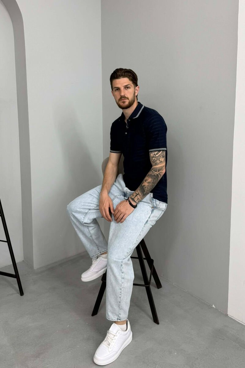 STRIPED DESIGN POLO NECK MEN T-SHIRT BLUE/BLU - 5