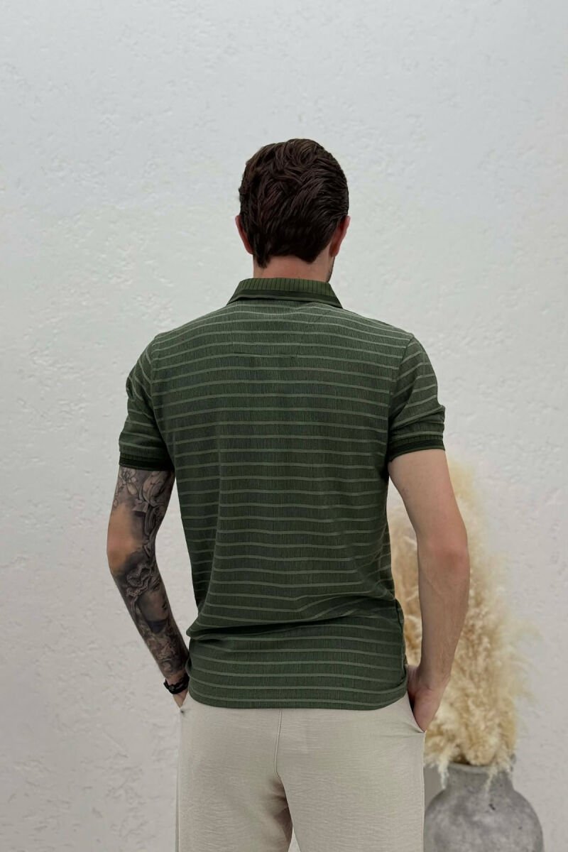 STRIPED DESIGN POLO NECK MEN T-SHIRT GREEN/JESHILE - 2