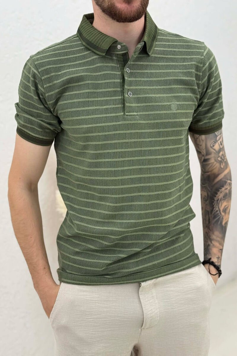 STRIPED DESIGN POLO NECK MEN T-SHIRT GREEN/JESHILE - 4