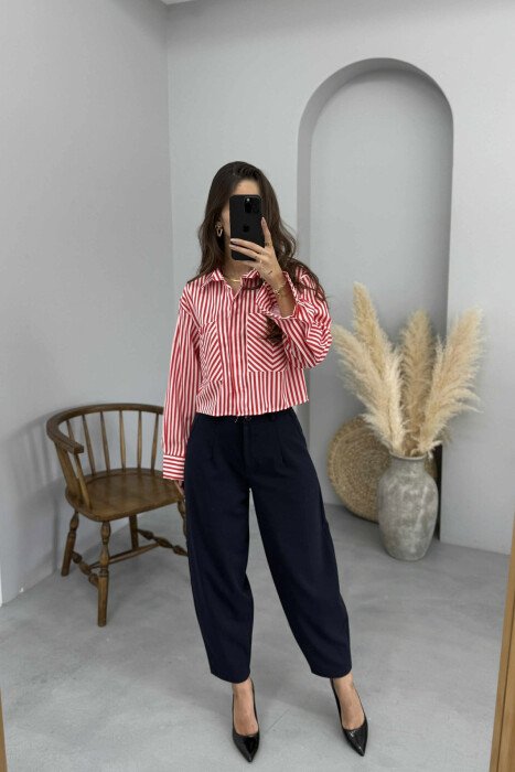 STRIPED DESIGN TWO POCKETS WOMEN SHIRT RED/E KUQE - KLAUDIO FASHION