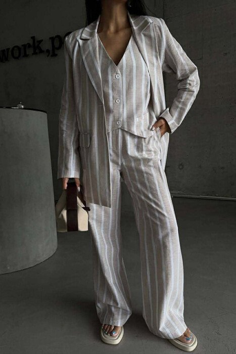 STRIPED JACKET+VEST+TROUSERS 3 PIECE WOMEN SET LIGHT BEIGE/BZHZB - KLAUDIO FASHION