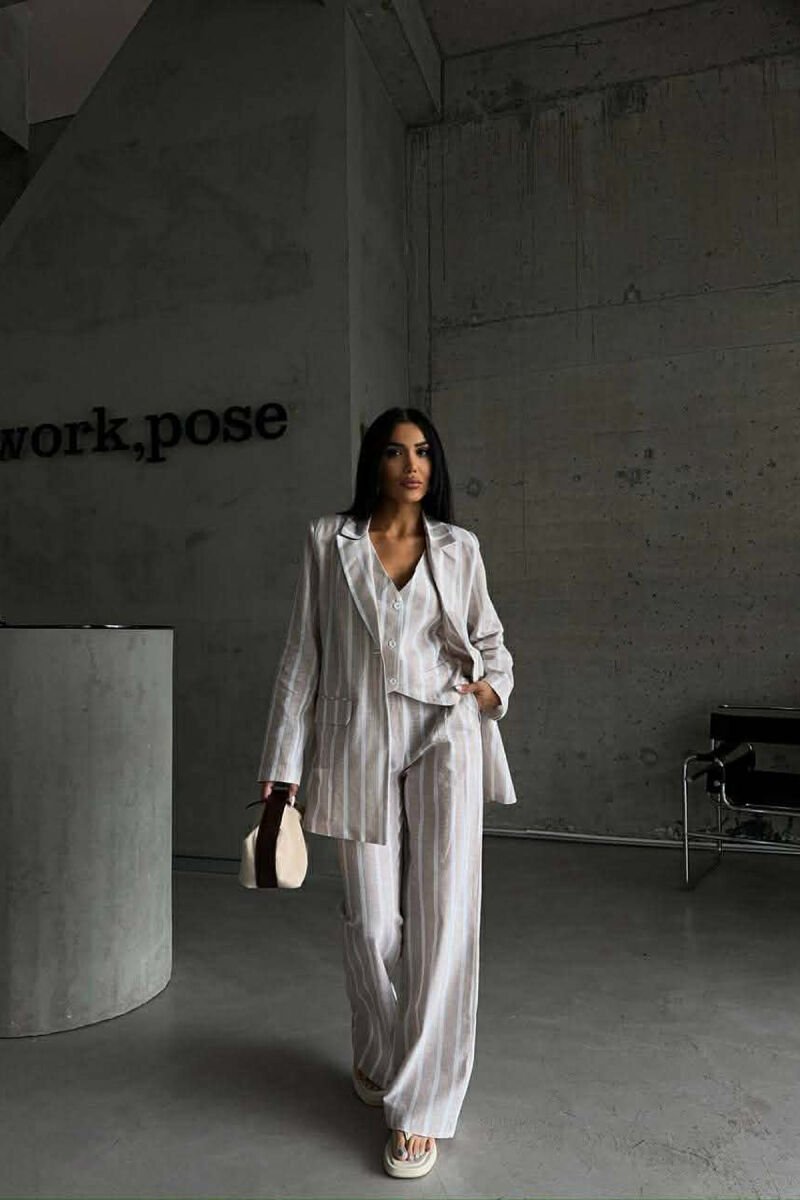 STRIPED JACKET+VEST+TROUSERS 3 PIECE WOMEN SET LIGHT BEIGE/BZHZB - 2