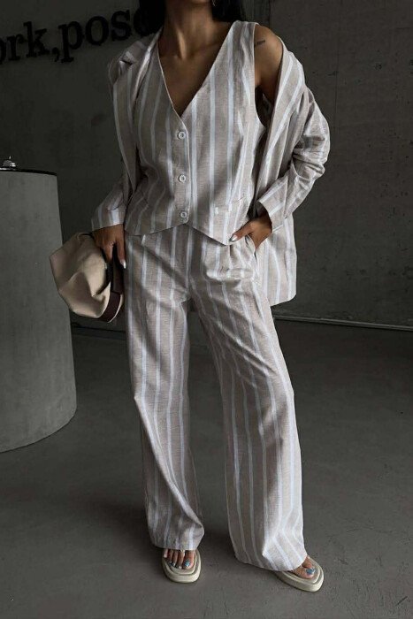 STRIPED JACKET+VEST+TROUSERS 3 PIECE WOMEN SET LIGHT BEIGE/BZHZB - 4