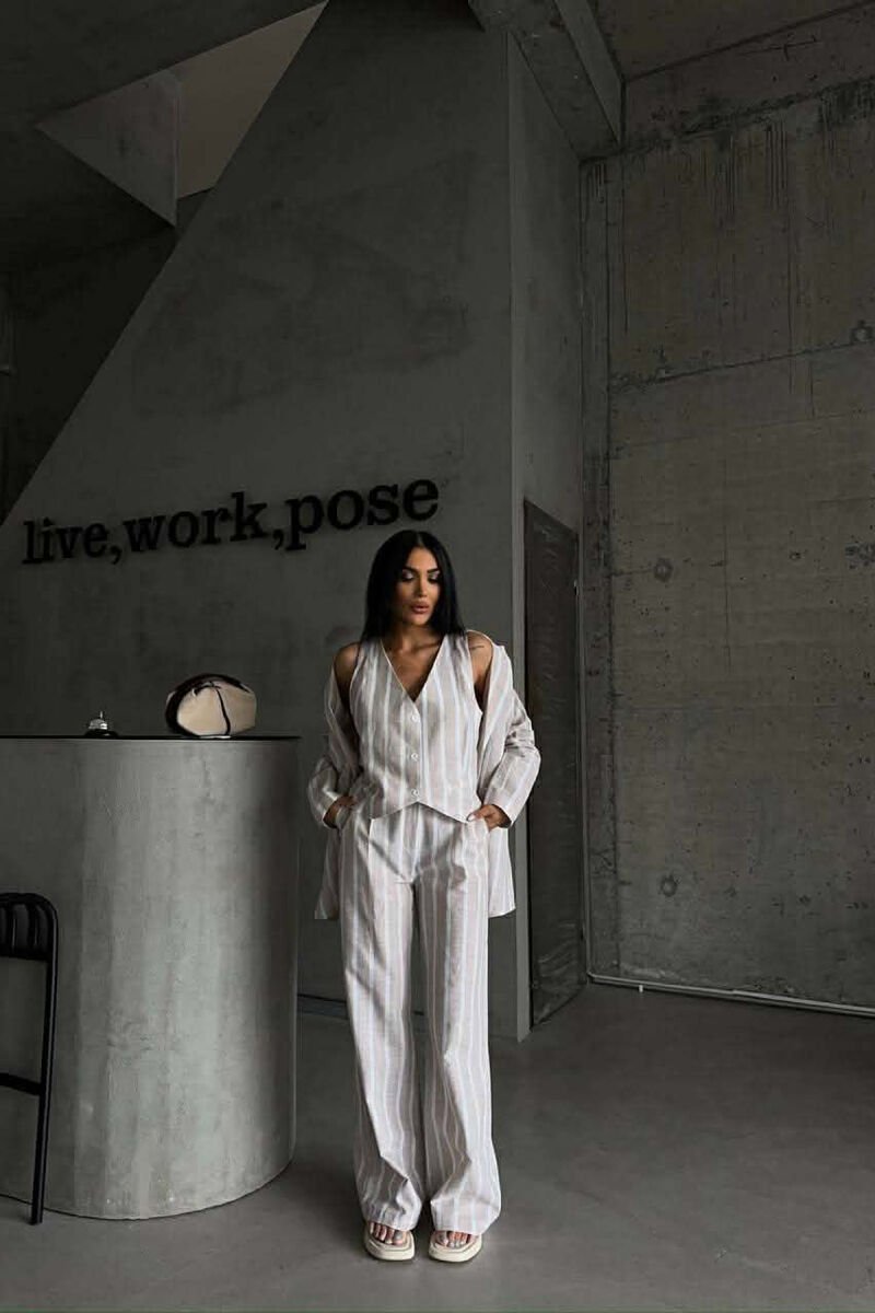 STRIPED JACKET+VEST+TROUSERS 3 PIECE WOMEN SET LIGHT BEIGE/BZHZB - 7