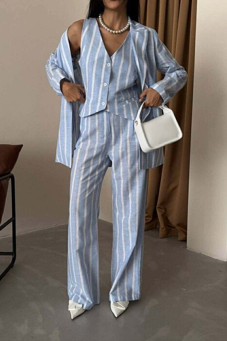 STRIPED JACKET+VEST+TROUSERS 3 PIECE WOMEN SET LIGHTBLUE/BZ - KLAUDIO FASHION