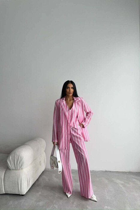 STRIPED JACKET+VEST+TROUSERS 3 PIECE WOMEN SET PINK/ROZE - 2