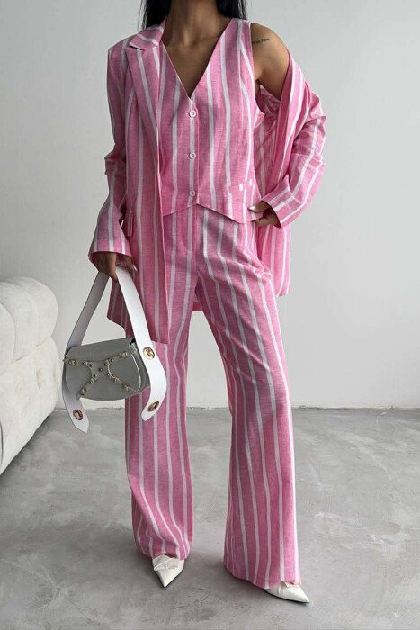 STRIPED JACKET+VEST+TROUSERS 3 PIECE WOMEN SET PINK/ROZE - 1