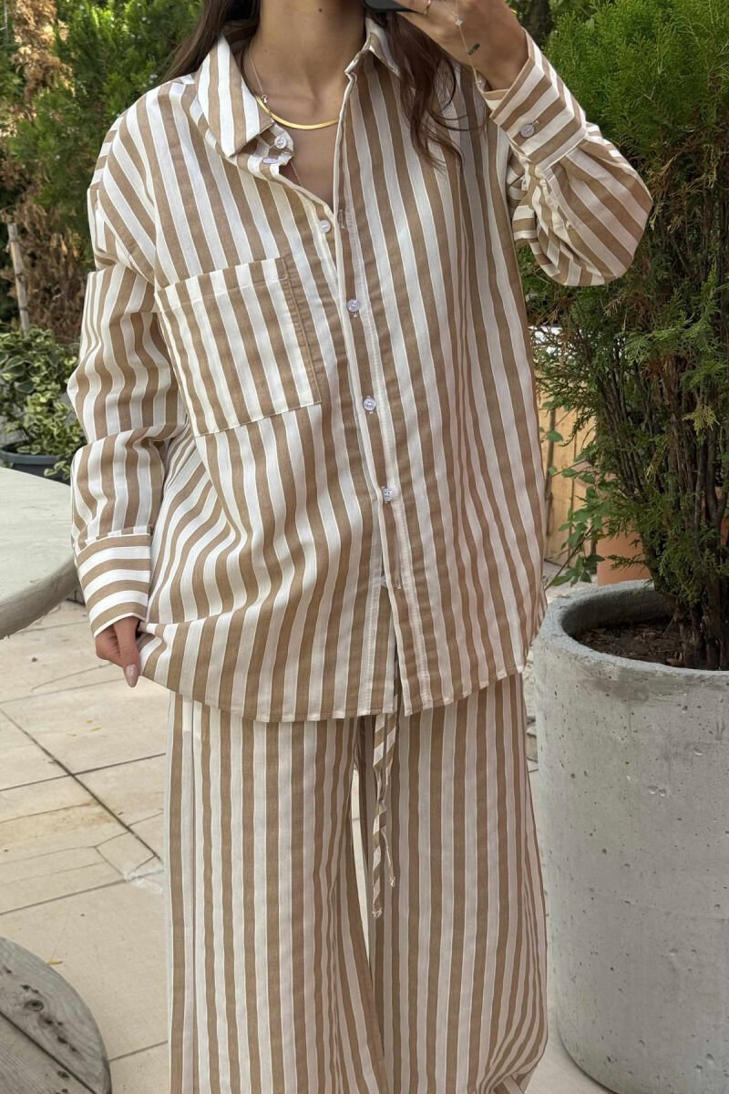STRIPED LONG SLEEVE SHIRT+TROUSERS WOMEN SET BEIGE/BEZHE - 3