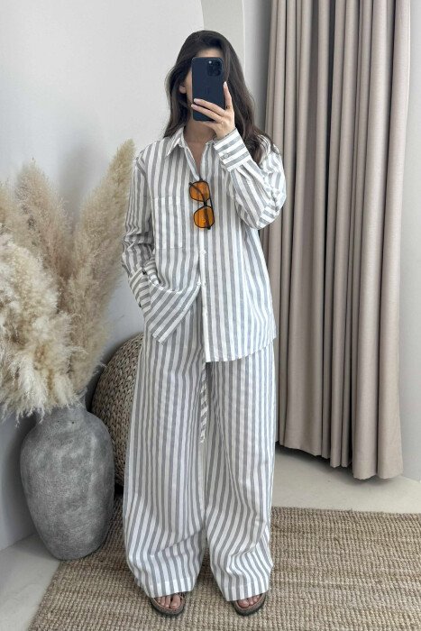 STRIPED LONG SLEEVE SHIRT+TROUSERS WOMEN SET GREY/GRI - KLAUDIO FASHION
