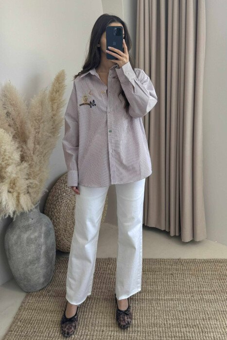 STRIPED LONG SLEEVE WOMEN SHIRT BURGUNDY/VISHNJE - KLAUDIO FASHION