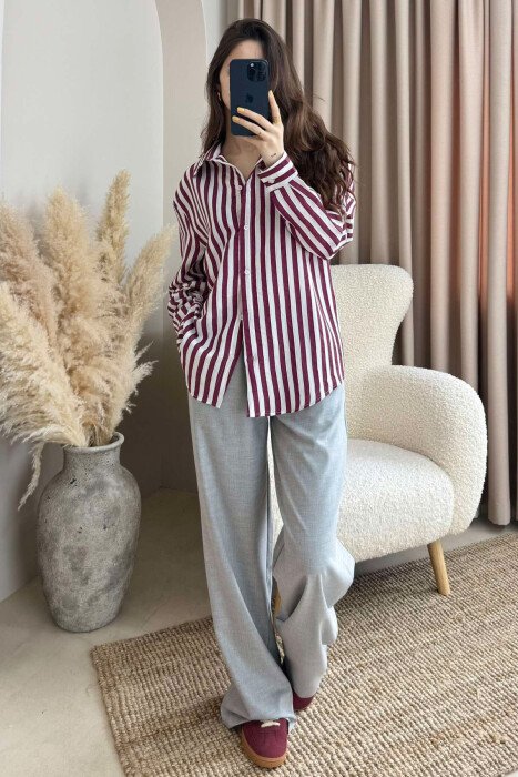 STRIPED LONG SLEEVES WOMEN SHIRT BURGUNDY/VISHNJE - 1