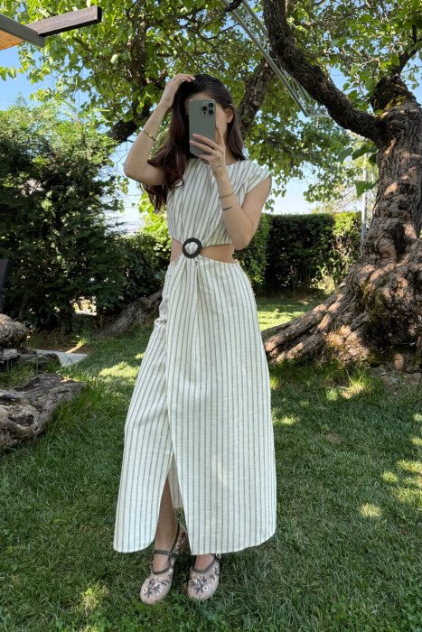 STRIPED LONG WOMEN DRESS CREAM/KREM - KLAUDIO FASHION