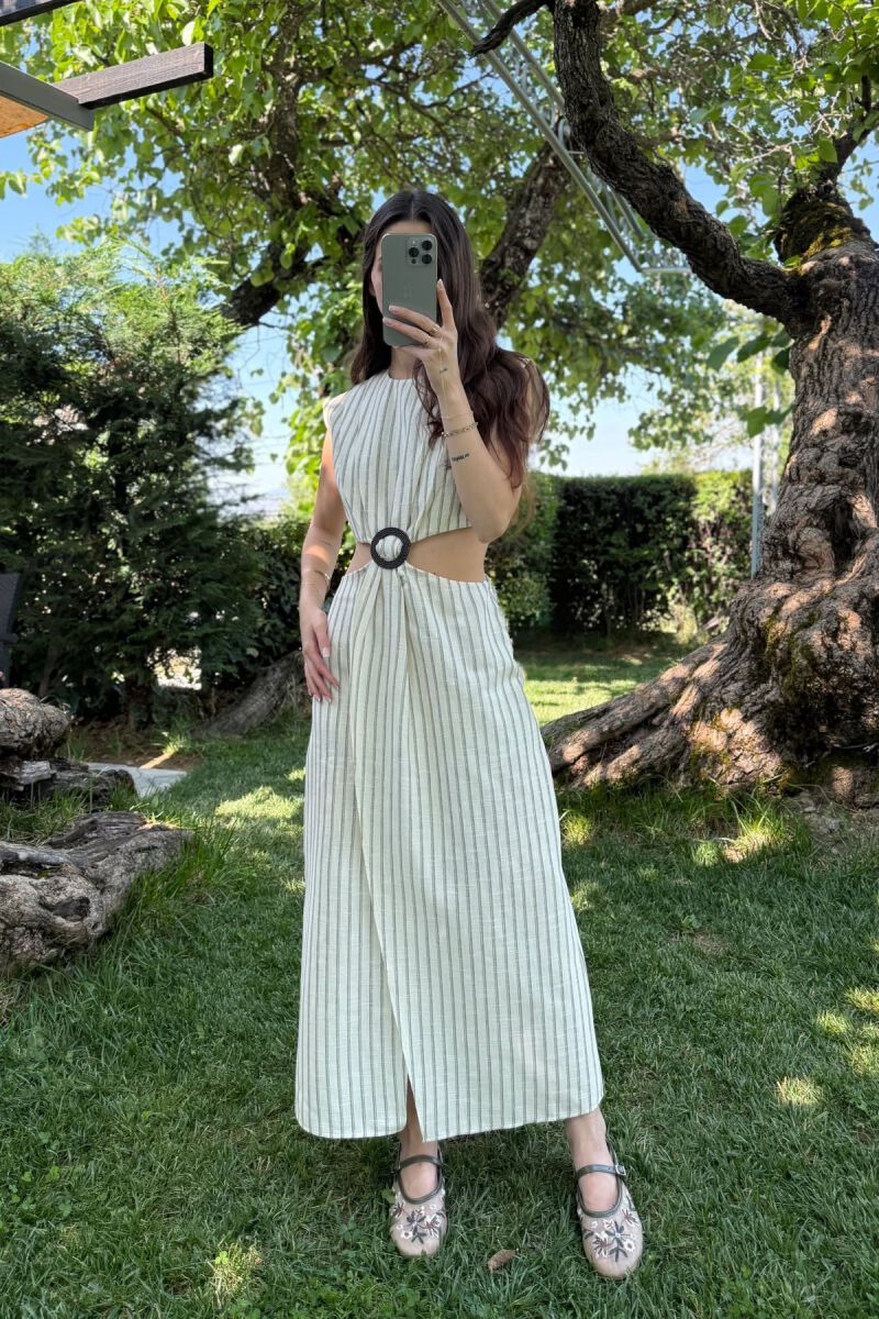 STRIPED LONG WOMEN DRESS CREAM/KREM - 2