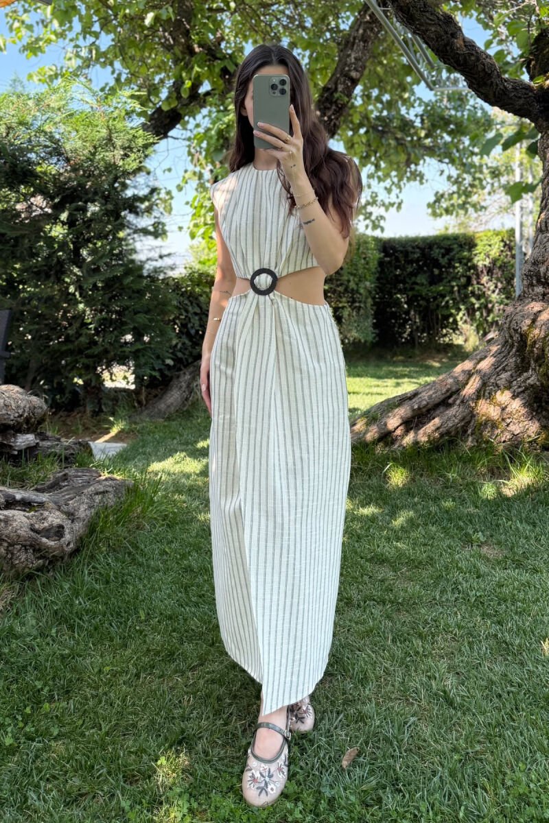 STRIPED LONG WOMEN DRESS CREAM/KREM - 3