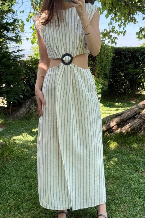 STRIPED LONG WOMEN DRESS CREAM/KREM - 4