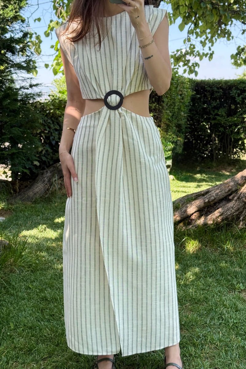 STRIPED LONG WOMEN DRESS CREAM/KREM - 4