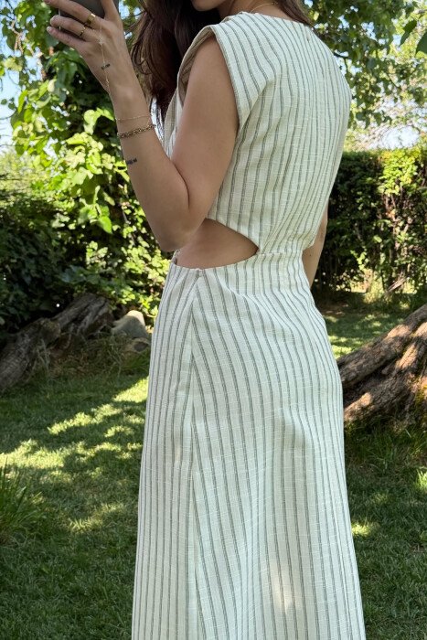 STRIPED LONG WOMEN DRESS CREAM/KREM - 6