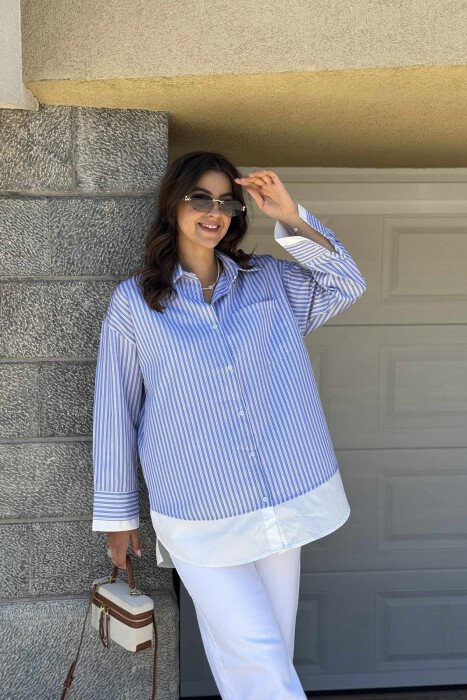 STRIPED LONG WOMEN SHIRT LIGHTBLUE/BZ - KLAUDIO FASHION