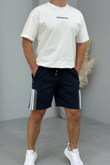 STRIPED MEN SHORT SWEATPANTS DARK BLUE/BEE - 1