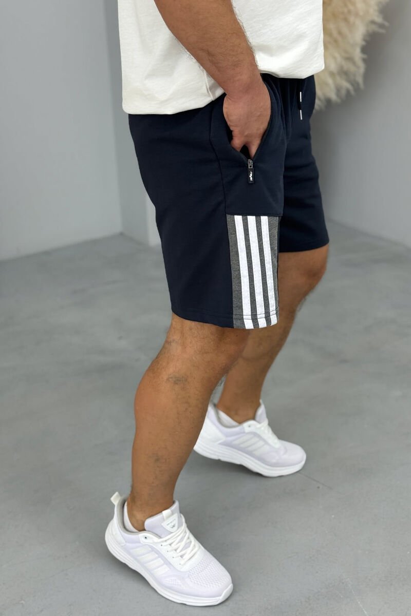 STRIPED MEN SHORT SWEATPANTS DARK BLUE/BEE - 2