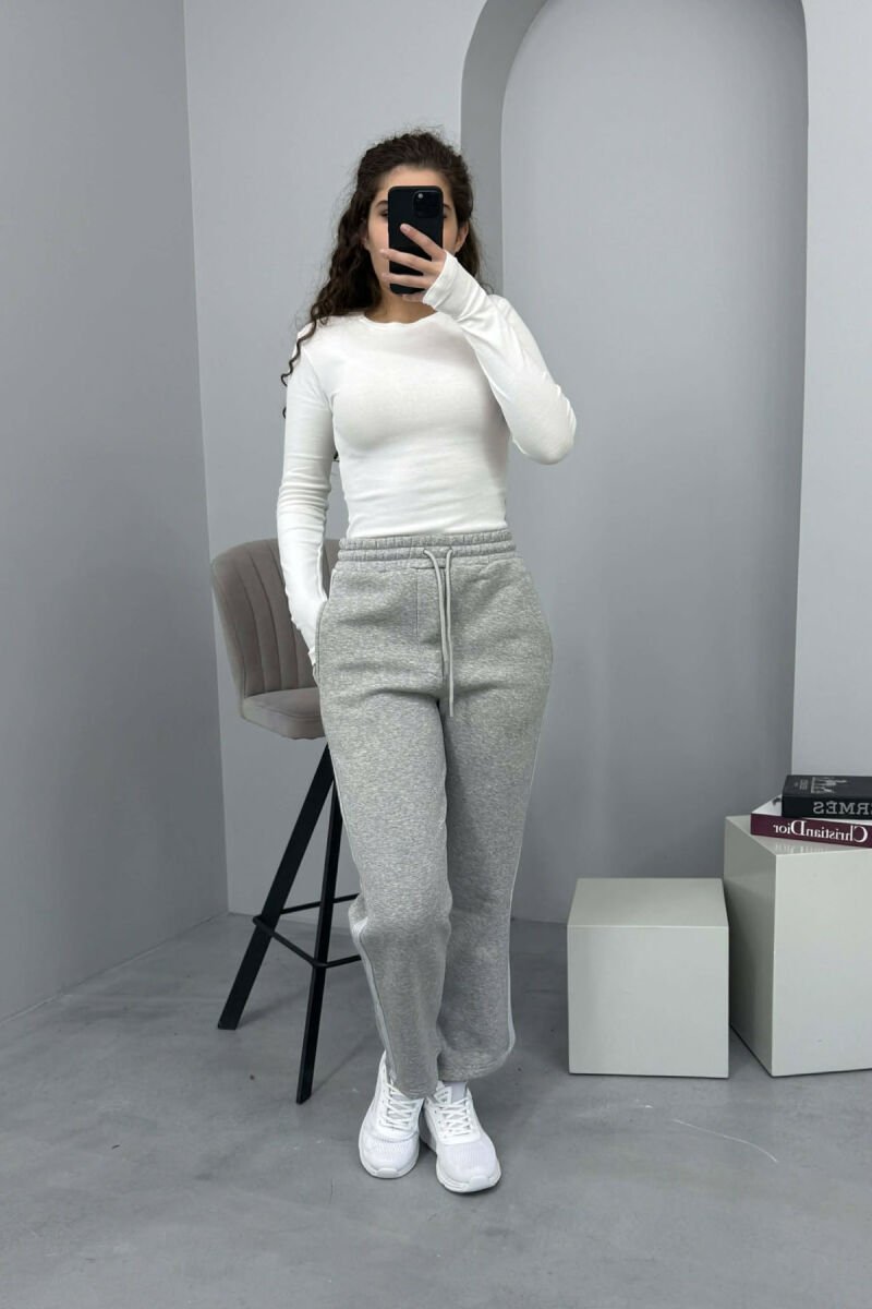 STRIPED ONE COLOR FLUFFY WOMEN SWEATPANTS LIGHT GREY/GZ - 1
