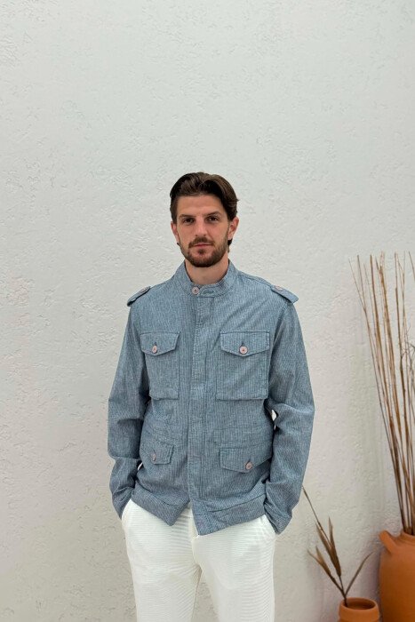 STRIPED POCKETS DETAIL SIMPLE MEN JACKET LIGHTBLUE/BZ - KLAUDIO FASHION