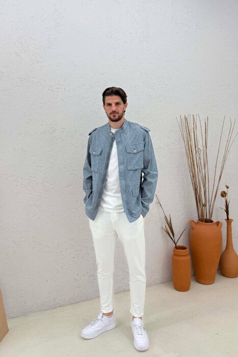 STRIPED POCKETS DETAIL SIMPLE MEN JACKET LIGHTBLUE/BZ - 4