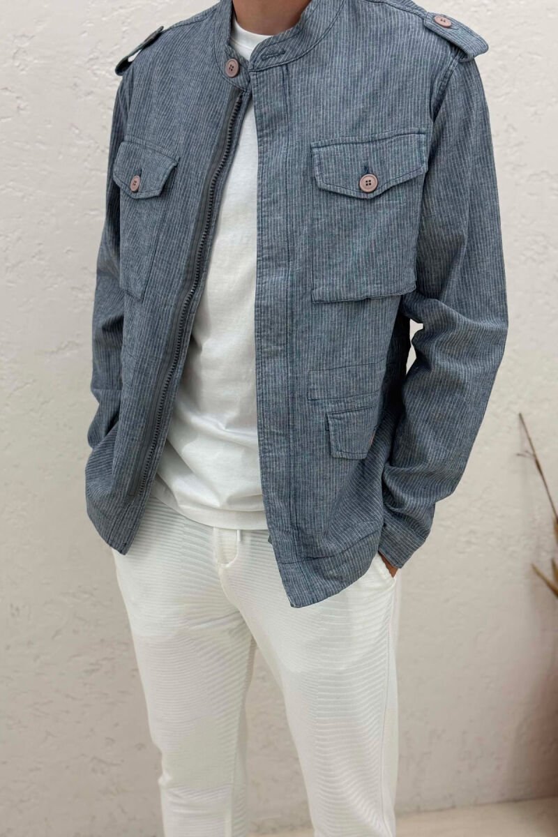 STRIPED POCKETS DETAIL SIMPLE MEN JACKET LIGHTBLUE/BZ - 5