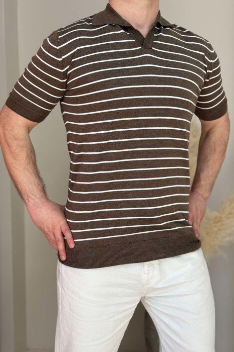 STRIPED POLO NECK MEN T-SHIRT BROWN/KAFE - 3