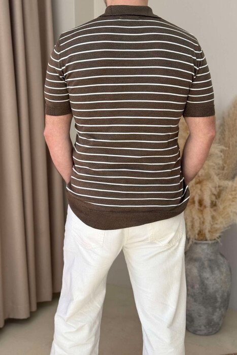 STRIPED POLO NECK MEN T-SHIRT BROWN/KAFE - 4