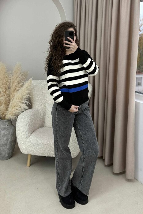 STRIPED SIMPLE ROUND NECK WOMEN SWEATER BLACK-CREAM/ZEKR - 1