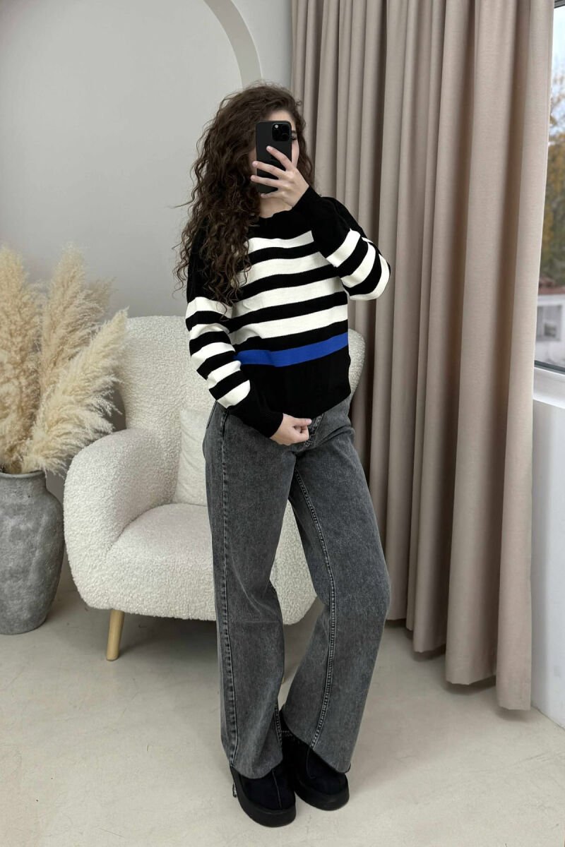 STRIPED SIMPLE ROUND NECK WOMEN SWEATER BLACK-CREAM/ZEKR - 1