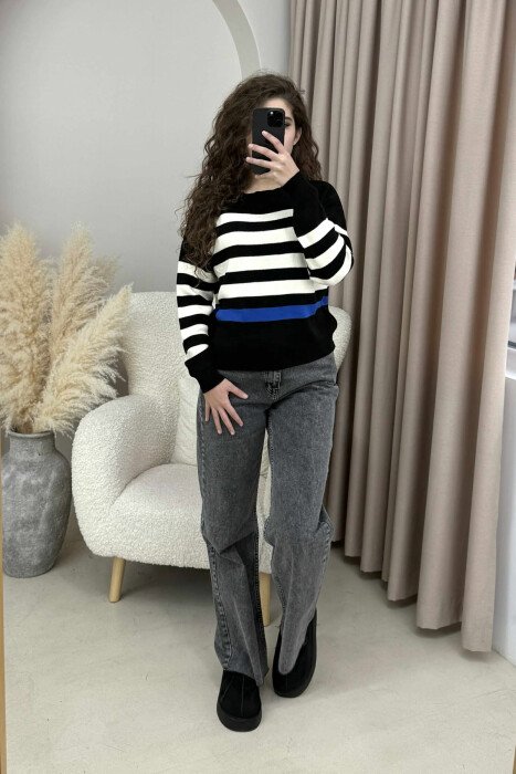 STRIPED SIMPLE ROUND NECK WOMEN SWEATER BLACK-CREAM/ZEKR - 2