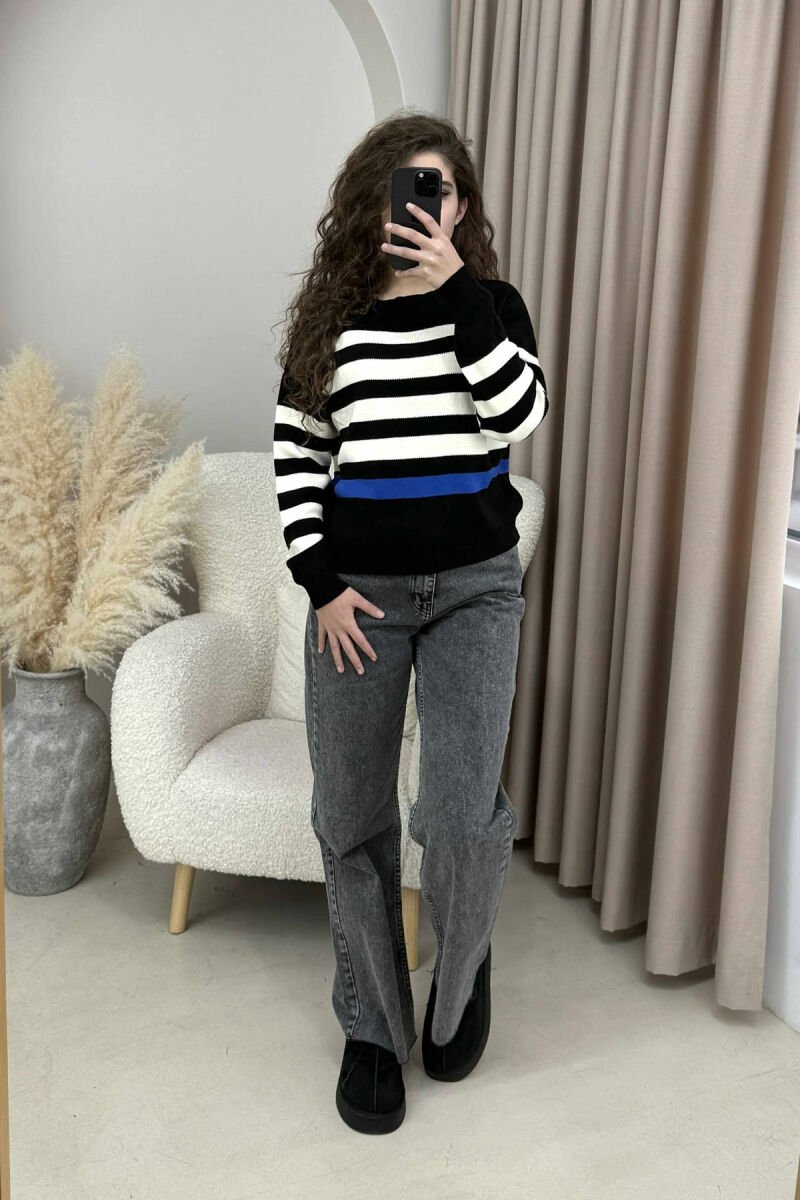 STRIPED SIMPLE ROUND NECK WOMEN SWEATER BLACK-CREAM/ZEKR - 2