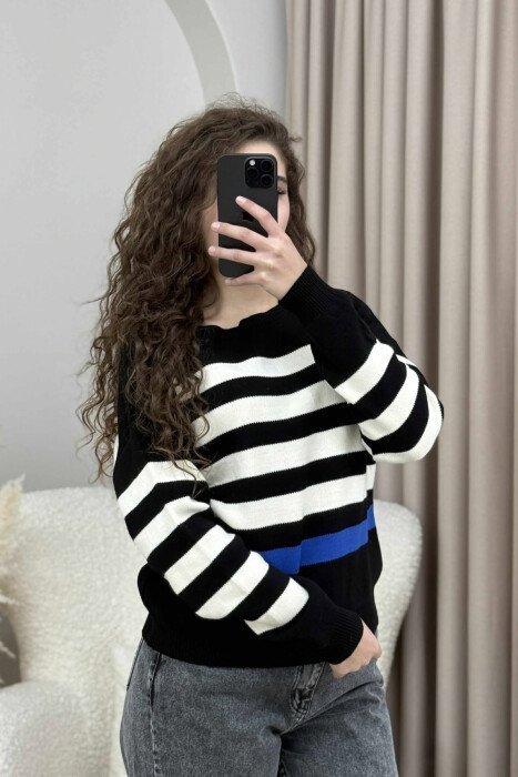 STRIPED SIMPLE ROUND NECK WOMEN SWEATER BLACK-CREAM/ZEKR - 3