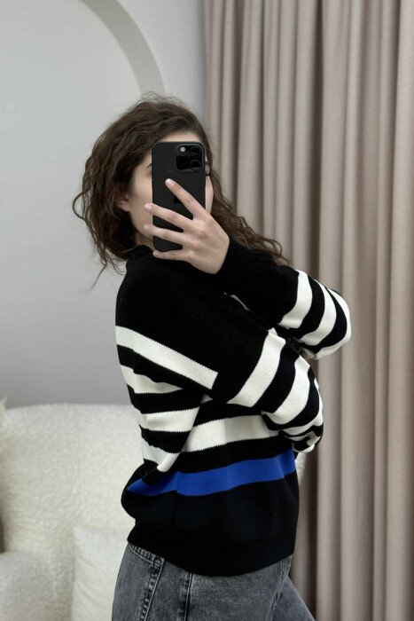 STRIPED SIMPLE ROUND NECK WOMEN SWEATER BLACK-CREAM/ZEKR - 4