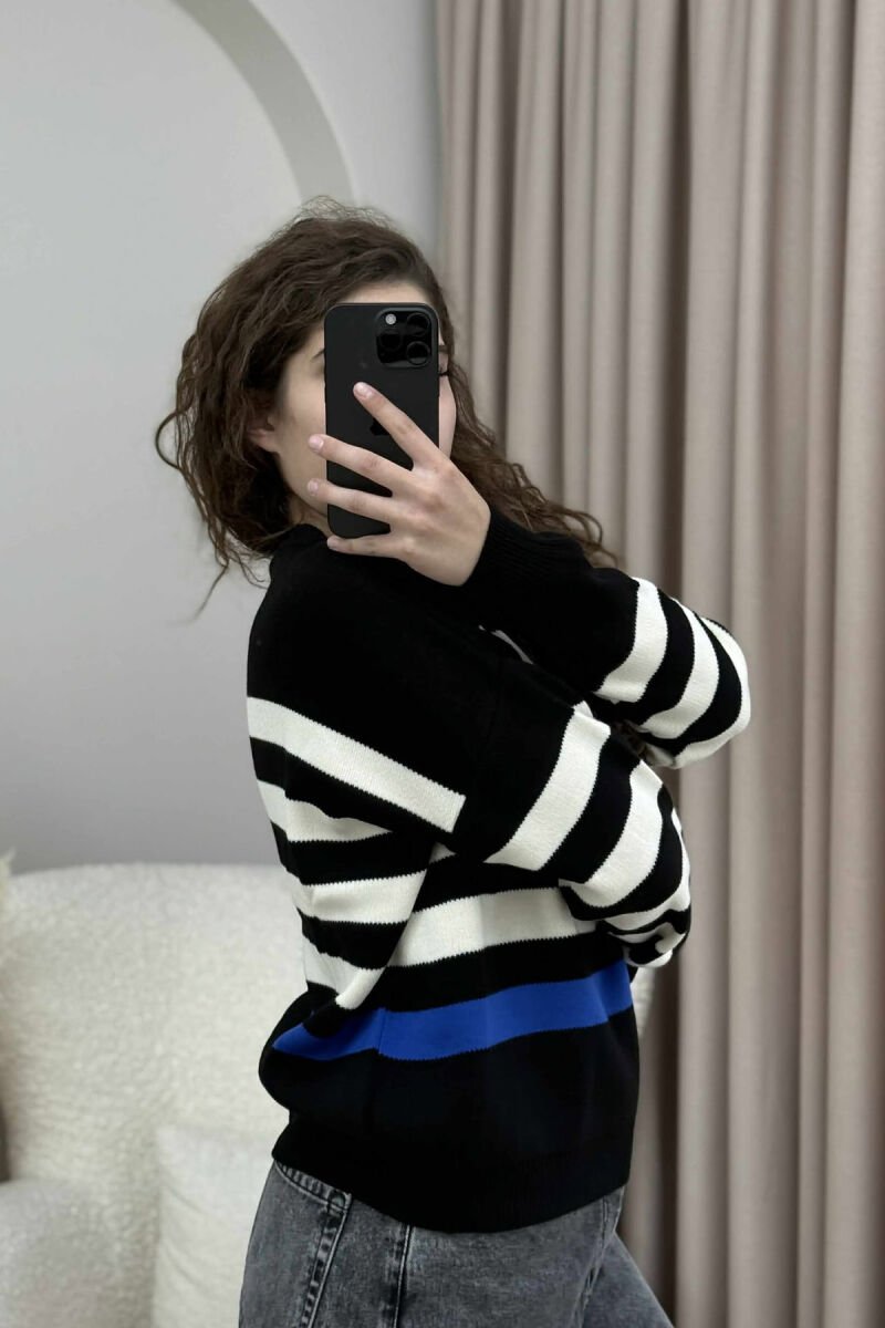 STRIPED SIMPLE ROUND NECK WOMEN SWEATER BLACK-CREAM/ZEKR - 4