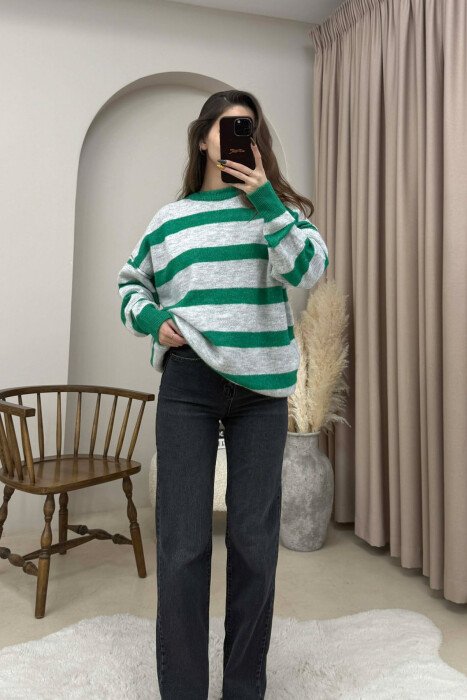 STRIPED SIMPLE WOMEN SWEATER GREY-GREEN/GRI-JESHILE - 1