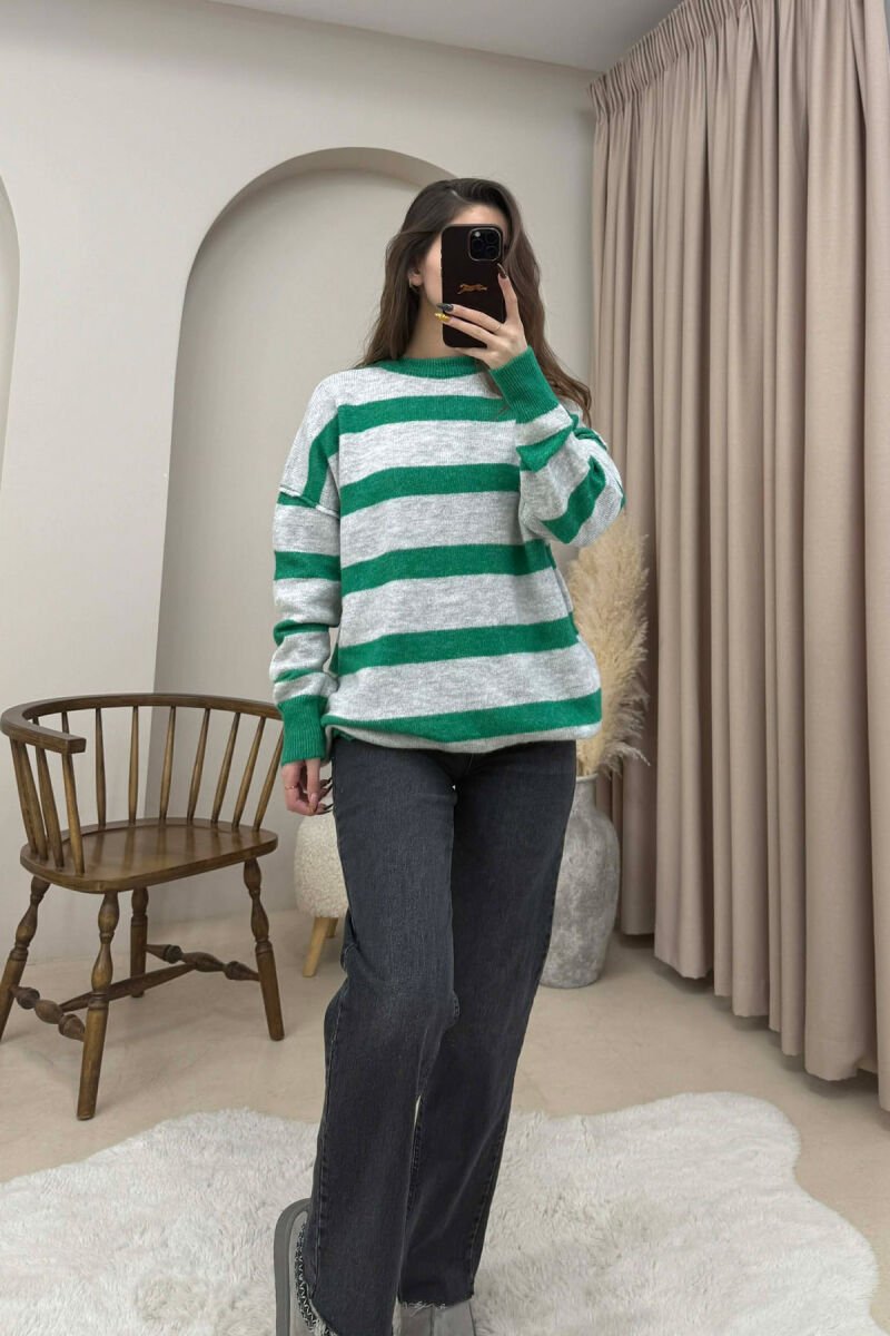 STRIPED SIMPLE WOMEN SWEATER GREY-GREEN/GRI-JESHILE - 2
