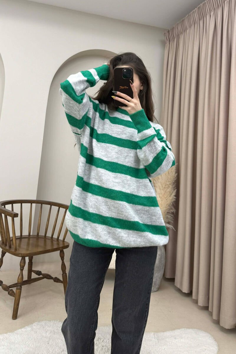STRIPED SIMPLE WOMEN SWEATER GREY-GREEN/GRI-JESHILE - 4