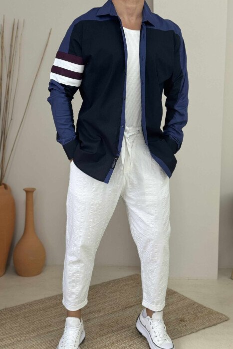 STRIPED SLEEVE SIMPLE MEN SHIRT DARK BLUE/BEE - 1