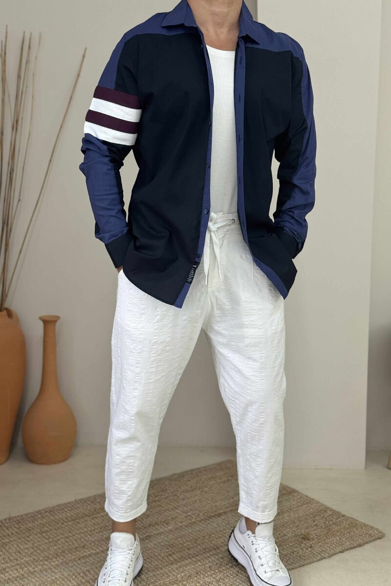 STRIPED SLEEVE SIMPLE MEN SHIRT DARK BLUE/BEE - 1