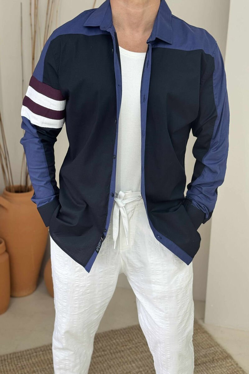 STRIPED SLEEVE SIMPLE MEN SHIRT DARK BLUE/BEE - 2