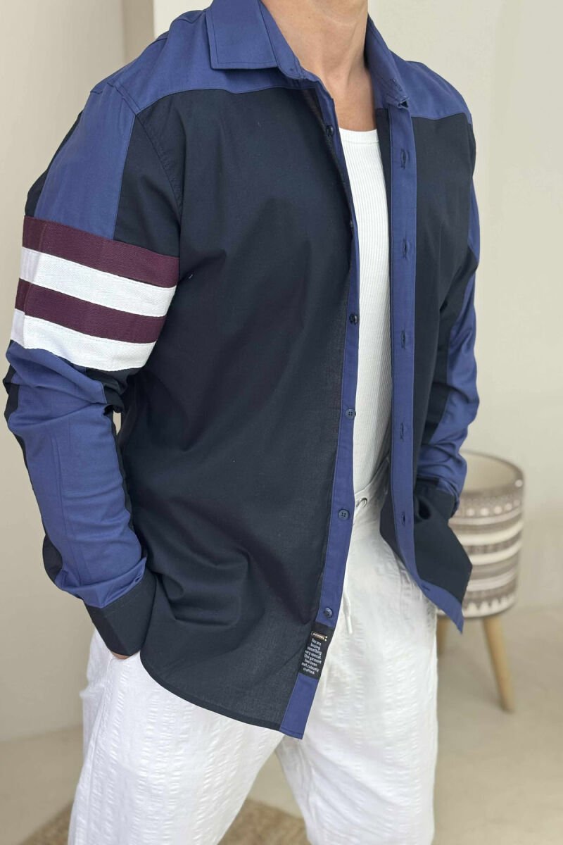 STRIPED SLEEVE SIMPLE MEN SHIRT DARK BLUE/BEE - 3