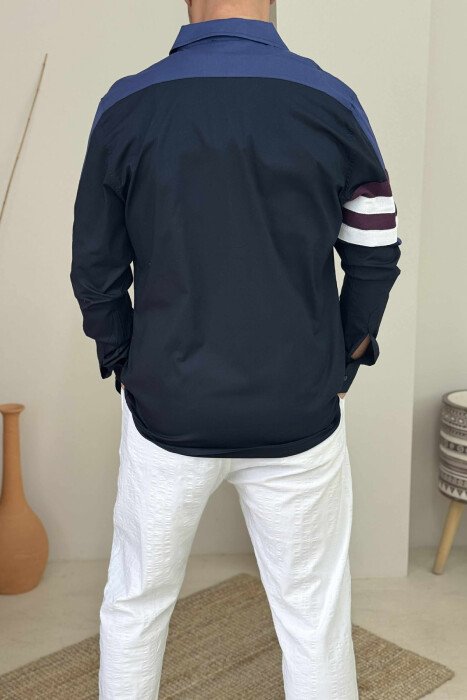 STRIPED SLEEVE SIMPLE MEN SHIRT DARK BLUE/BEE - 4